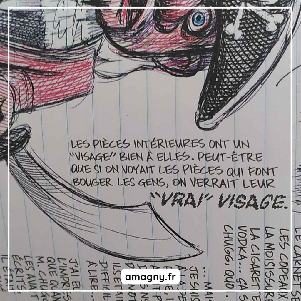 Page de la BD Ce que j’aime, c’est les monstres avec dessin mécanique d’un visage et texte manuscrit sur le “vrai” visage intérieur.