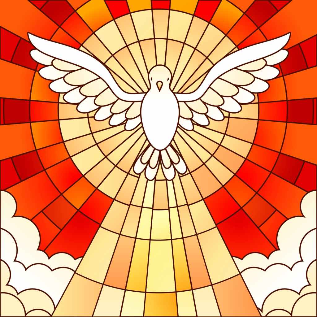 Vitrail lumineux représentant une colombe blanche symbole de l’Esprit Saint rayonnant au milieu de teintes orange et dorées.
