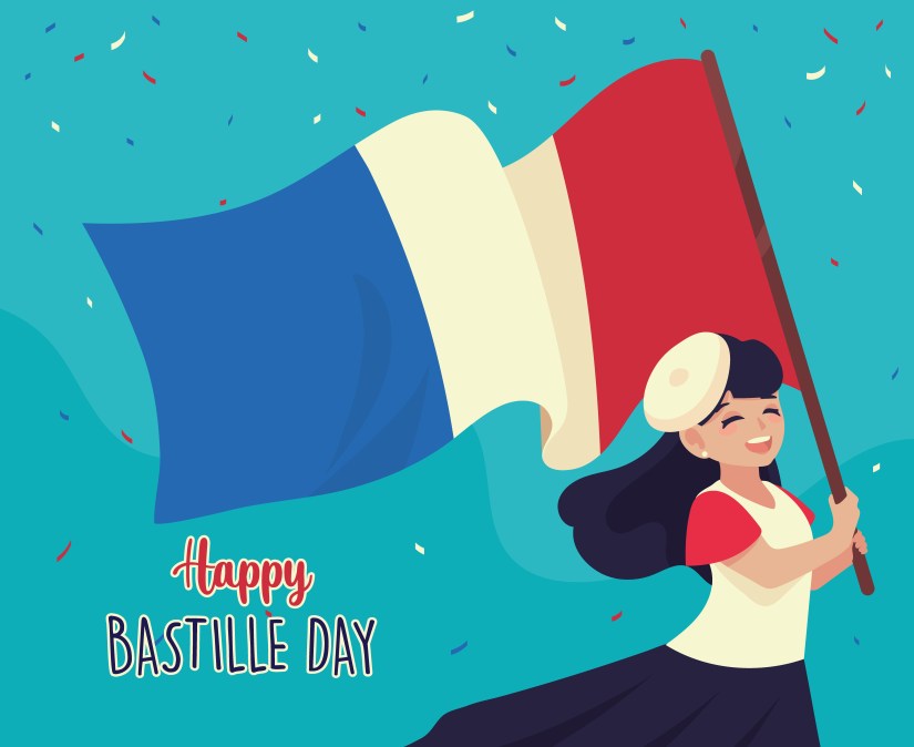 happy bastille day, woman with france flag