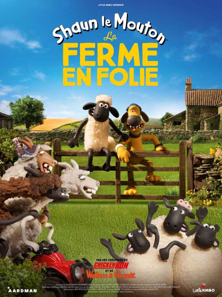 Affiche du film d’animation Shaun le Mouton : La Ferme en Folie avec les personnages en pleine action.