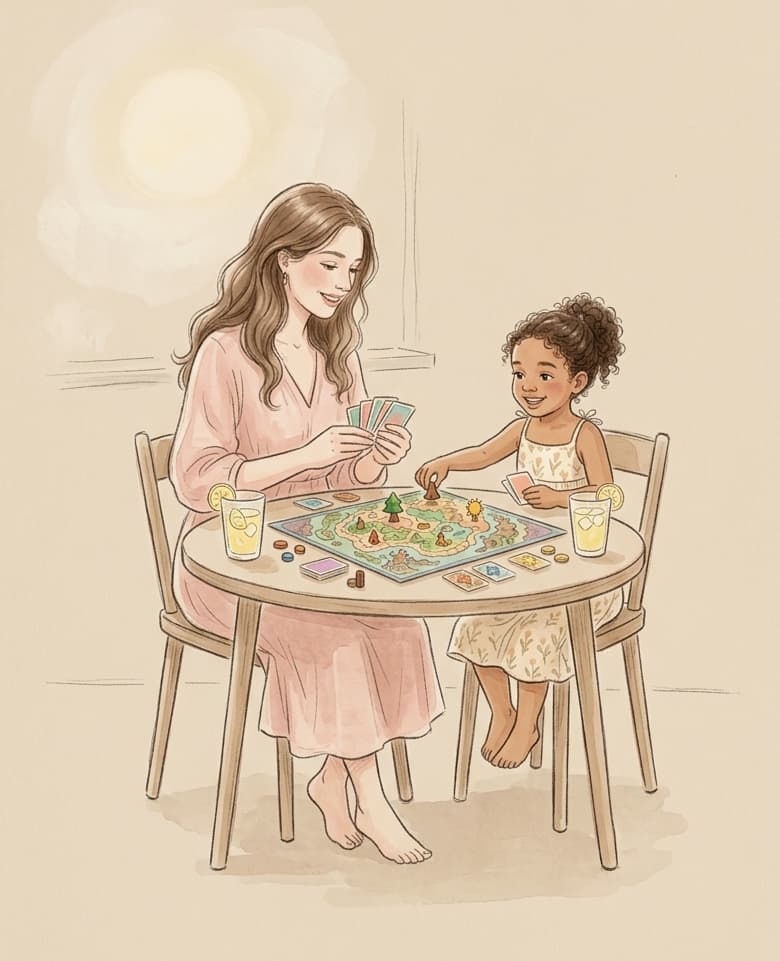 Illustration aquarelle d'une mère et sa fille jouant à un jeu de société, été en famille sans voyage.