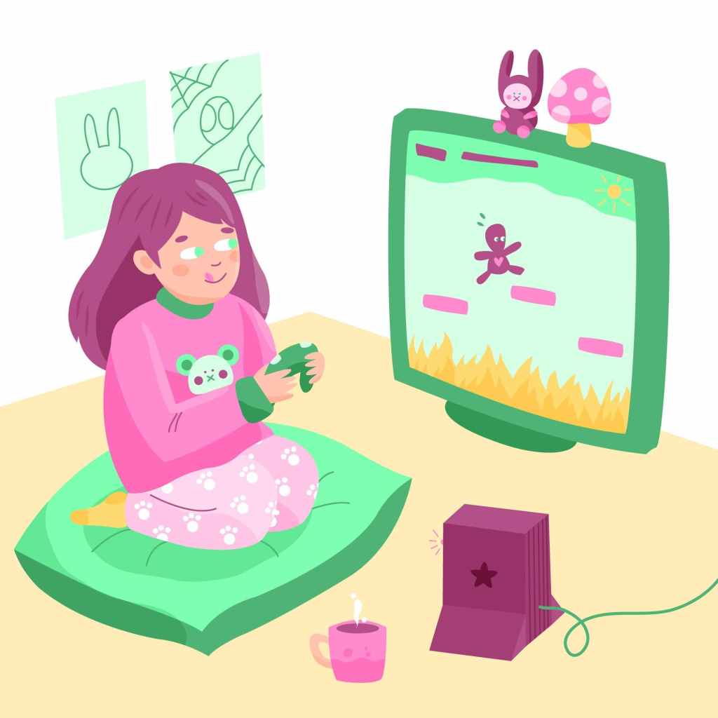Illustration d’un enfant en pyjama jouant à un jeu vidéo dans une chambre chaleureuse.
