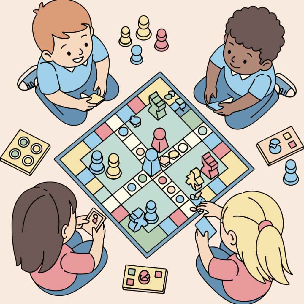 Illustration de quatre enfants jouant ensemble à un jeu de société coloré.