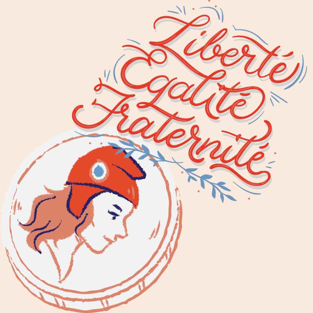 Illustration de Marianne au chapeau phrygien entourée de la devise Liberté Égalité Fraternité.