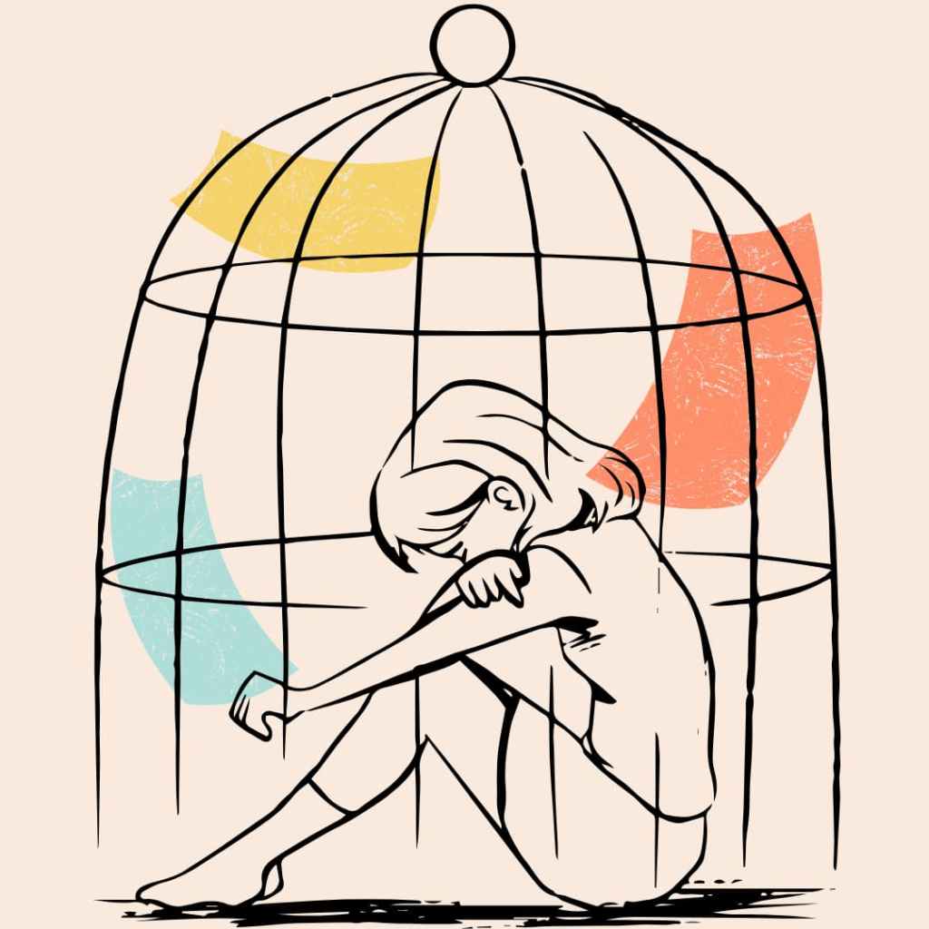 Illustration d’une personne assise dans une cage, évoquant l’enfermement émotionnel.