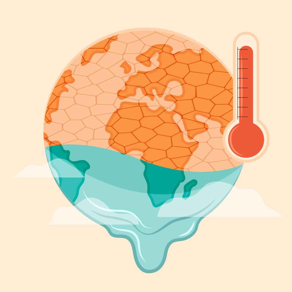 Illustration de la Terre se fissurant et fondant avec un thermomètre indiquant une forte chaleur.