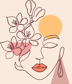 Illustration minimaliste d’un visage féminin en ligne continue avec fleurs et formes géométriques.