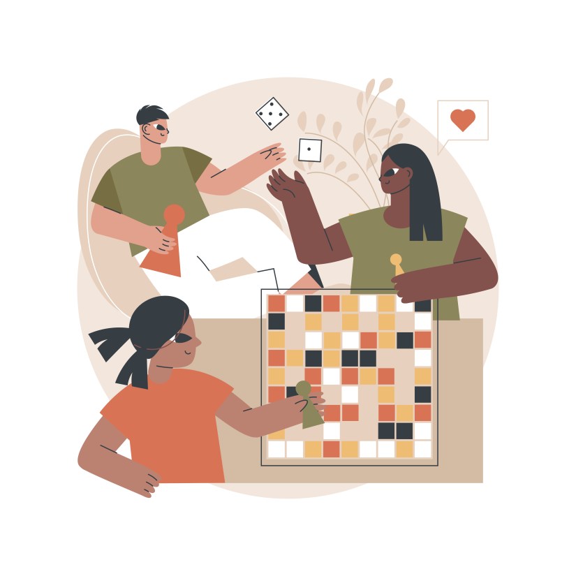 Board games abstract concept vector illustration. Tabletop activities, strategic gaming, stay at home gamers, social isolation free time spending, family fun activity idea abstract metaphor.