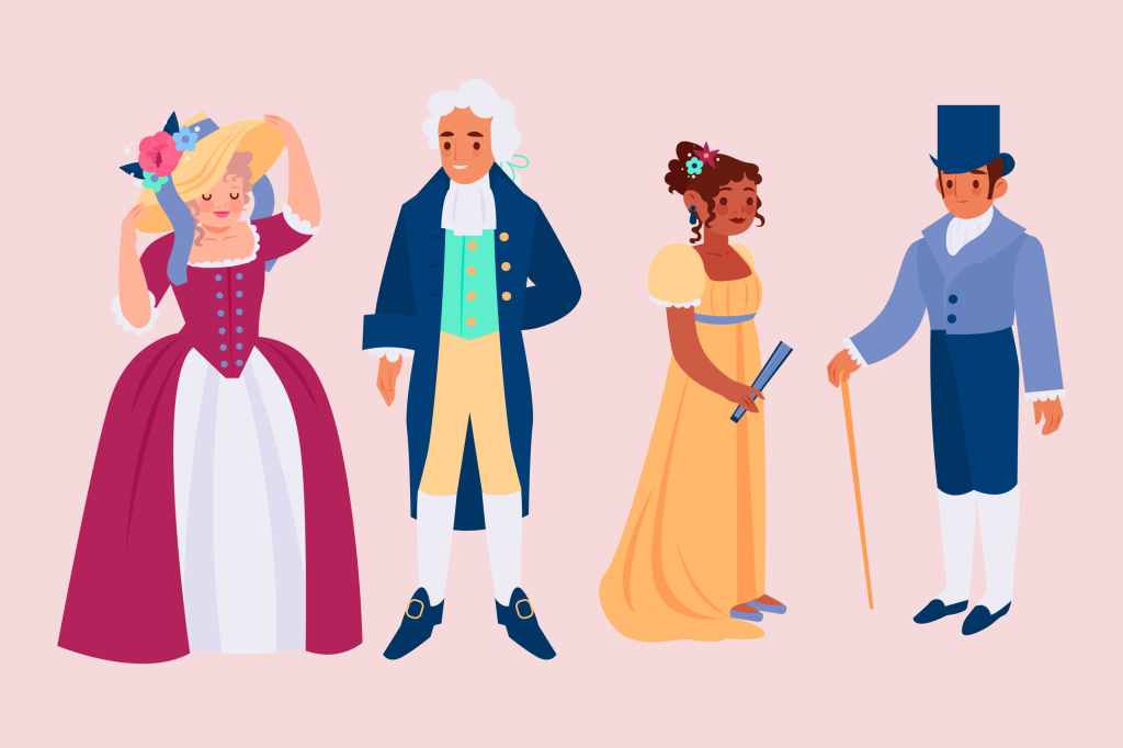 Illustration de quatre personnages en costumes européens des XVIIIe et XIXe siècles.