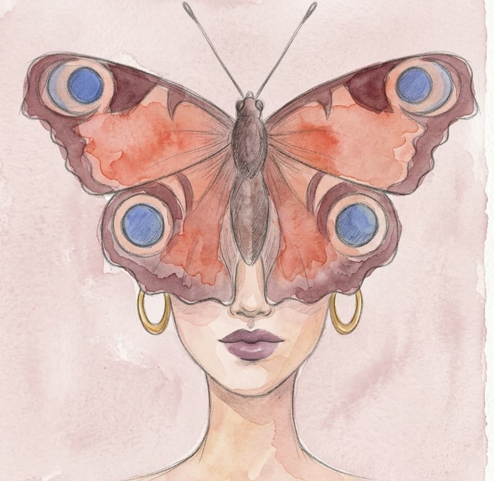 Illustration aquarelle et crayonné : visage de femme se transformant en papillon