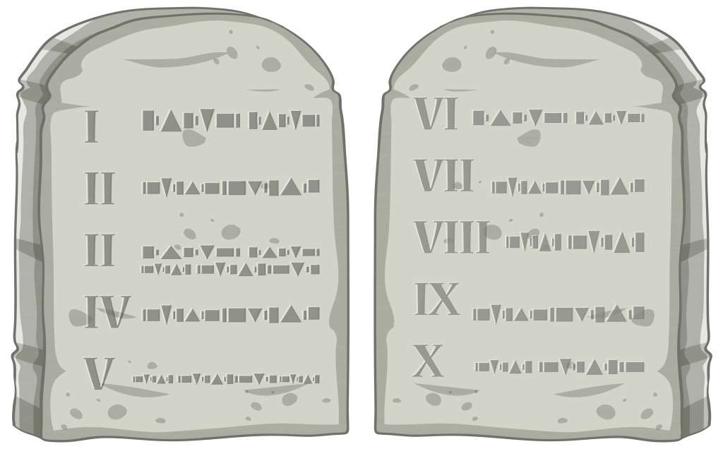 Illustration des tables des Dix Commandements gravées sur deux pierres avec chiffres romains.
