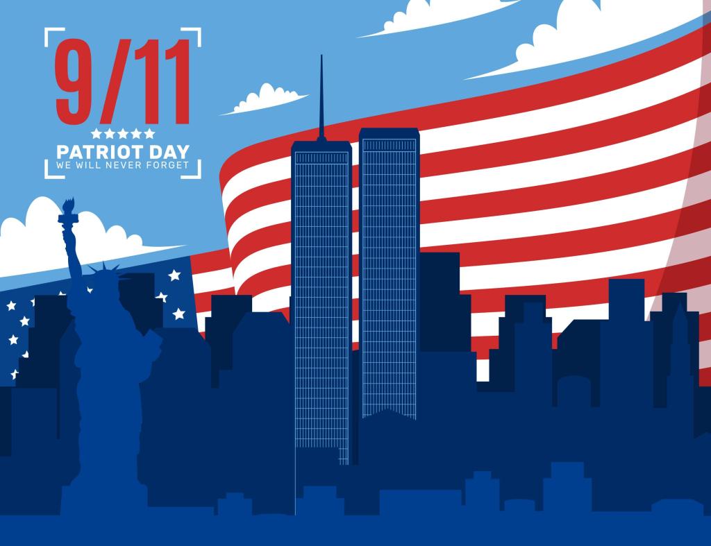 Illustration du Patriot Day avec skyline de New York, tours jumelles, Statue de la Liberté et drapeau américain.
