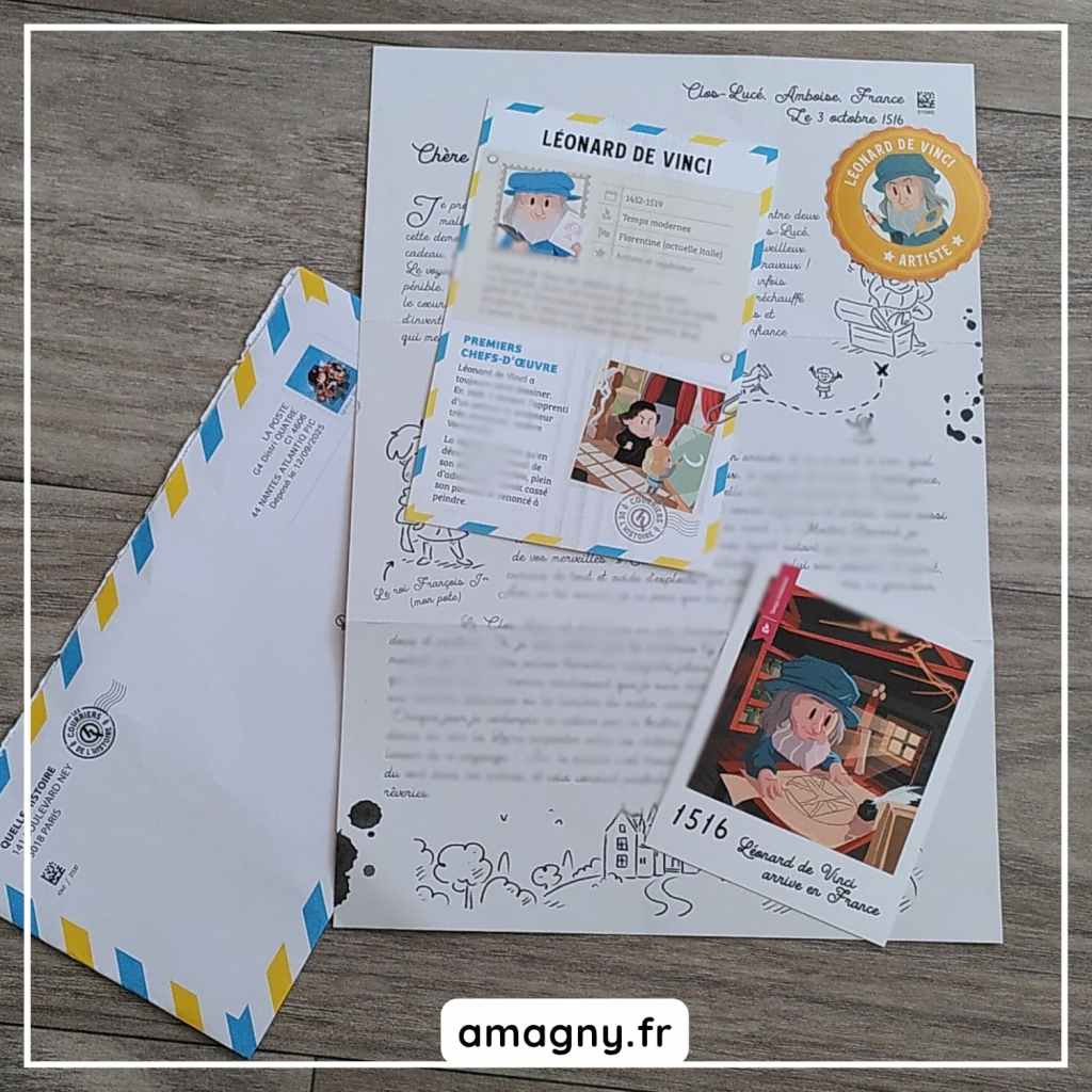 Lettre éducative "les courriers de l'histoire" pour enfants sur Léonard de Vinci avec carte illustrée et documents pédagogiques.