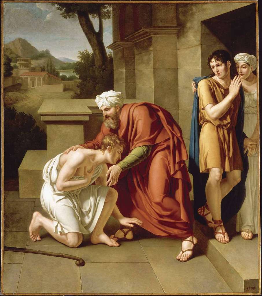 Peinture classique représentant le retour du fils prodigue : le pÚre accueille son fils agenouillé tandis que deux témoins observent la scÚne.