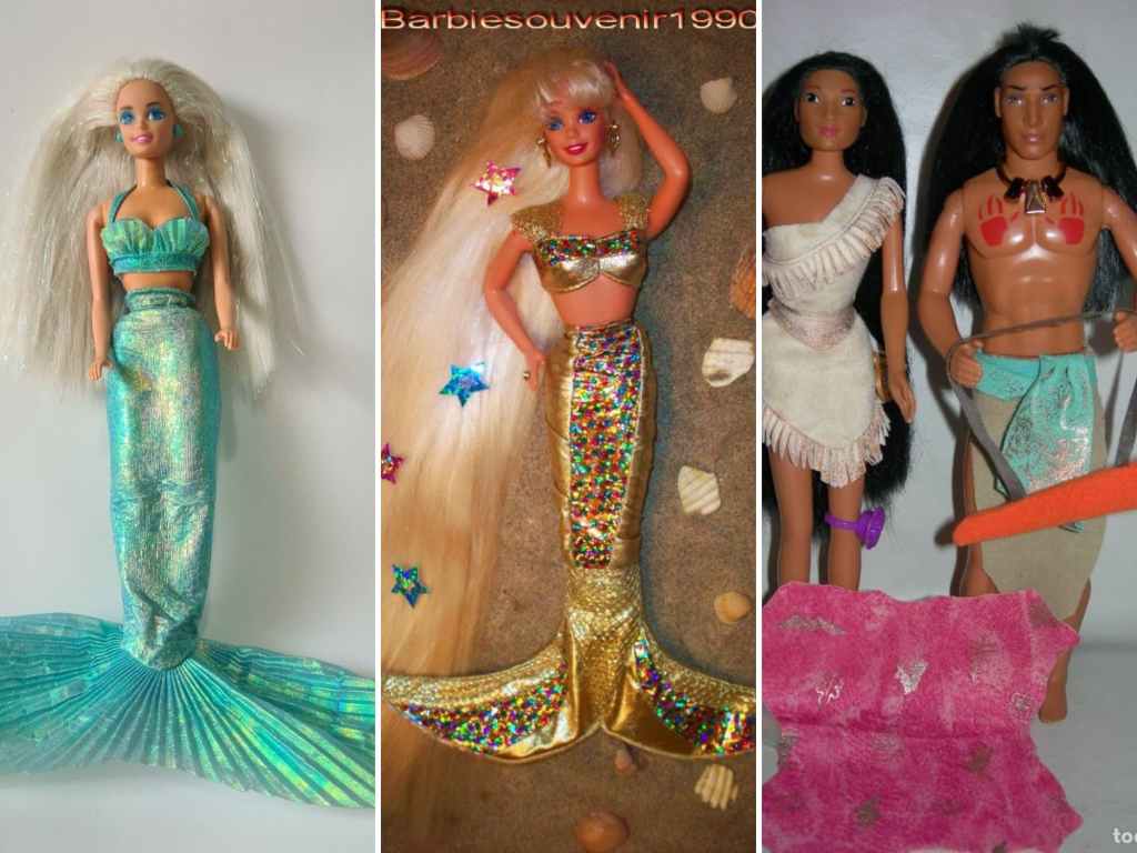 Poupées Barbie sirÚnes et poupées Pocahontas et Kocoum présentées en collection.