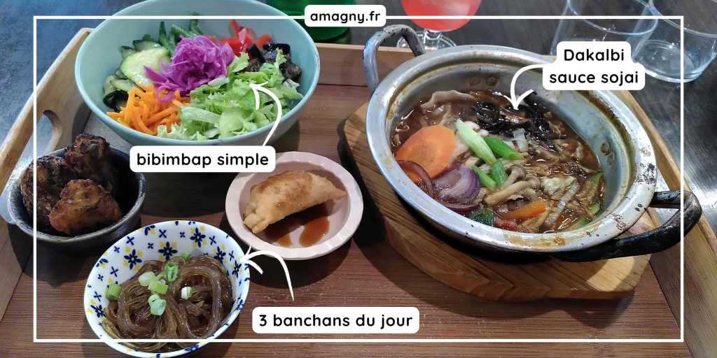 Plateau de repas coréen avec bibimbap, dakgalbi et banchans.