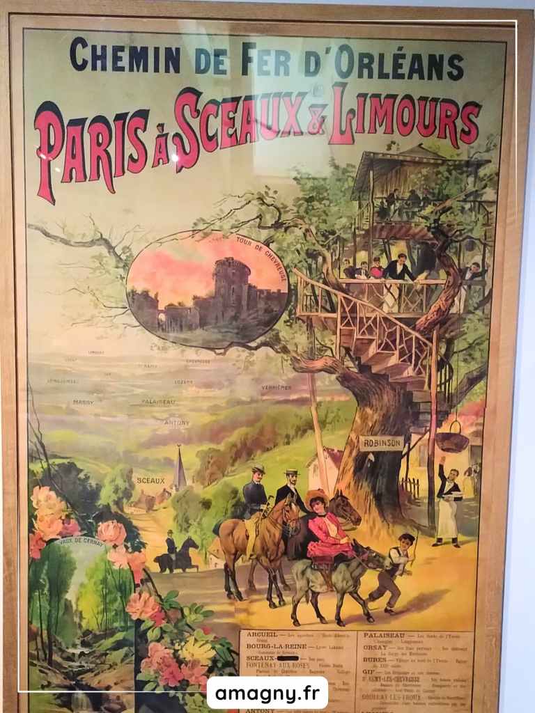 Affiche ancienne du Chemin de Fer d’Orléans illustrant la ligne Paris–Sceaux–Limours, avec scène champêtre, maison perchée Robinson et carte du parcours.