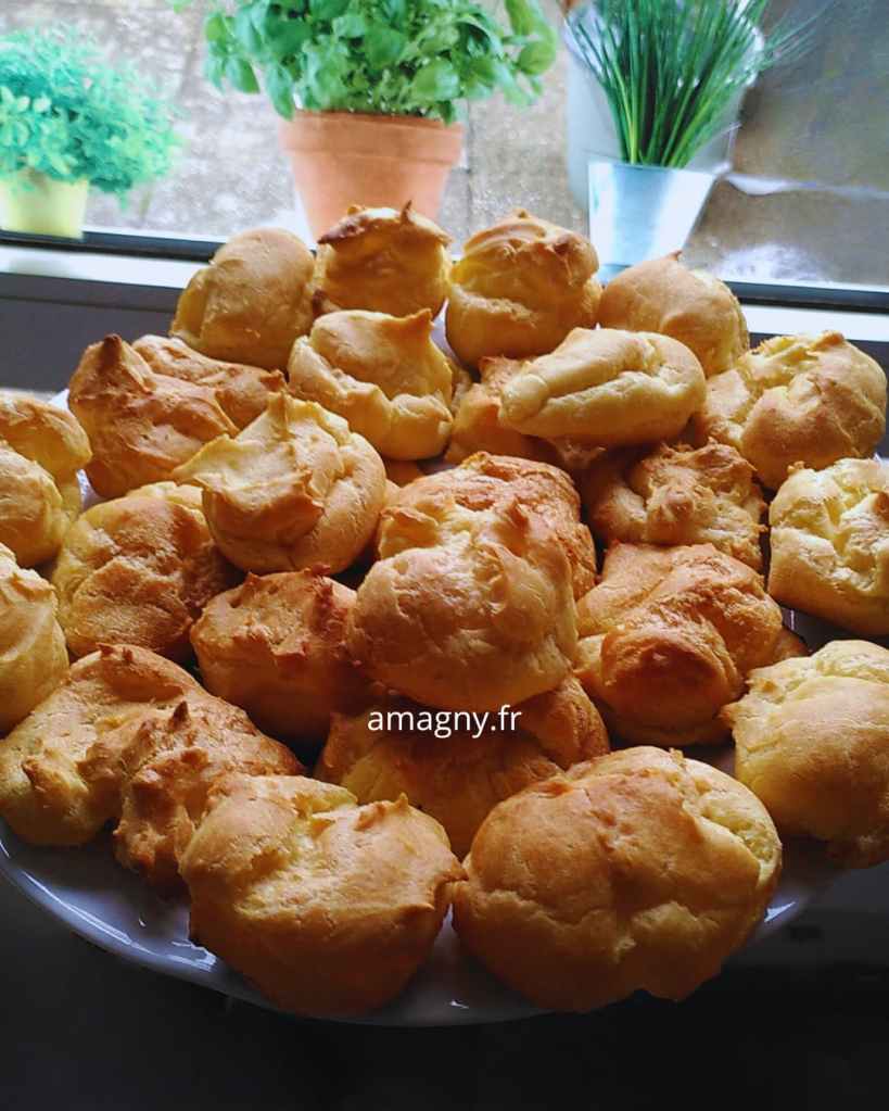 Choux dorés et croustillants, disposés généreusement sur une assiette près d’une fenêtre, entourés de plantes vertes.