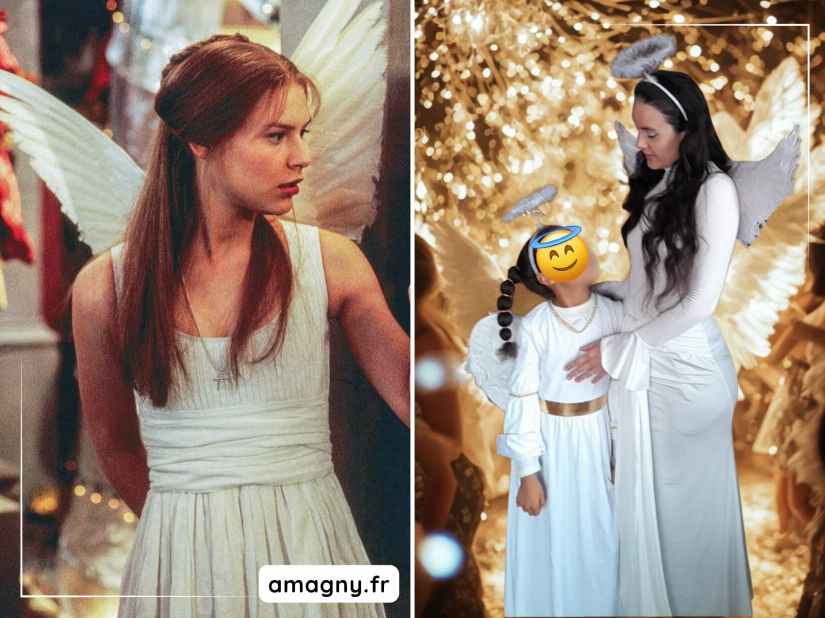 Montage photo comparatif entre une scène du film Roméo + Juliette et un costume d’ange réalisé pour Halloween, porté par une adulte et une enfant.