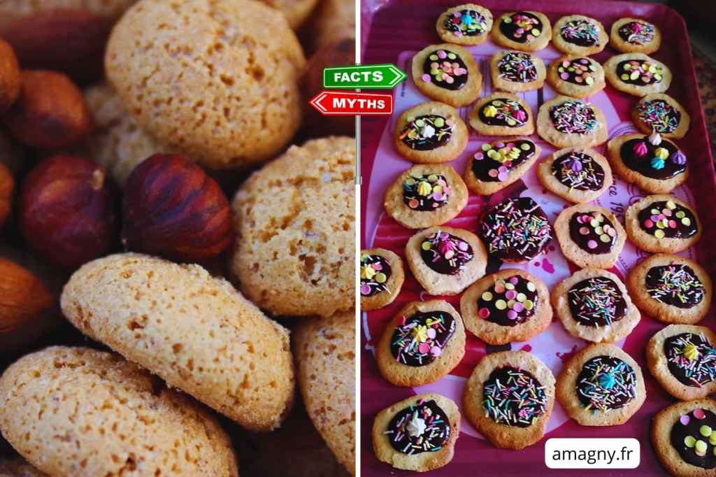 Macarons rustiques aux noisettes et biscuits décorés, avec panneau "Myths vs Facts". 