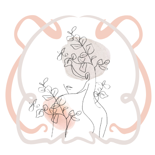 Illustration minimaliste d’un corps féminin fusionné avec des branches et feuilles, encadré par une forme abstraite type art nouveau.