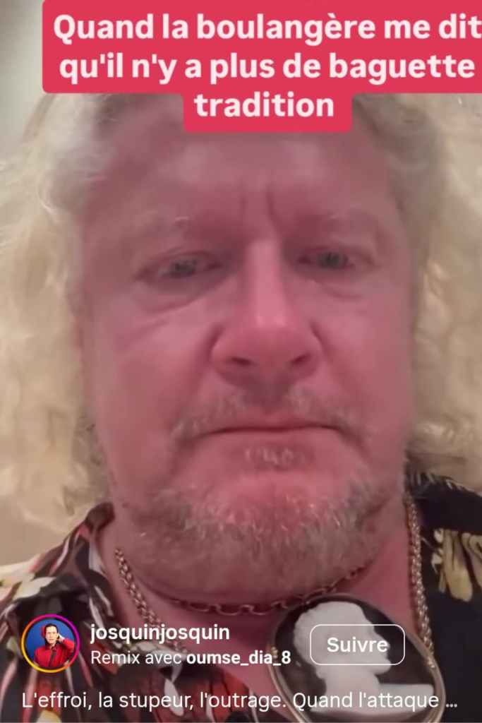 Mème humoristique avec Pierre-Jean Chalençon réagissant à l’absence de baguette tradition chez la boulangère, extrait d’une vidéo Instagram.
