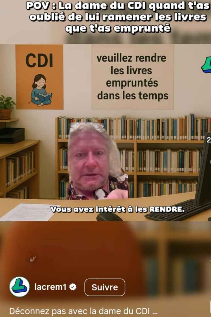 Mème humoristique avec Pierre-Jean Chalençon incarnant la dame du CDI furieuse face à un élève ayant oublié de rendre ses livres empruntés.