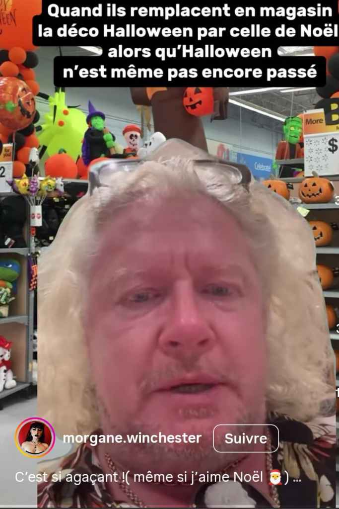 Mème humoristique avec Pierre-Jean Chalençon exprimant son indignation face au remplacement prématuré des décorations d’Halloween par celles de Noël en magasin.