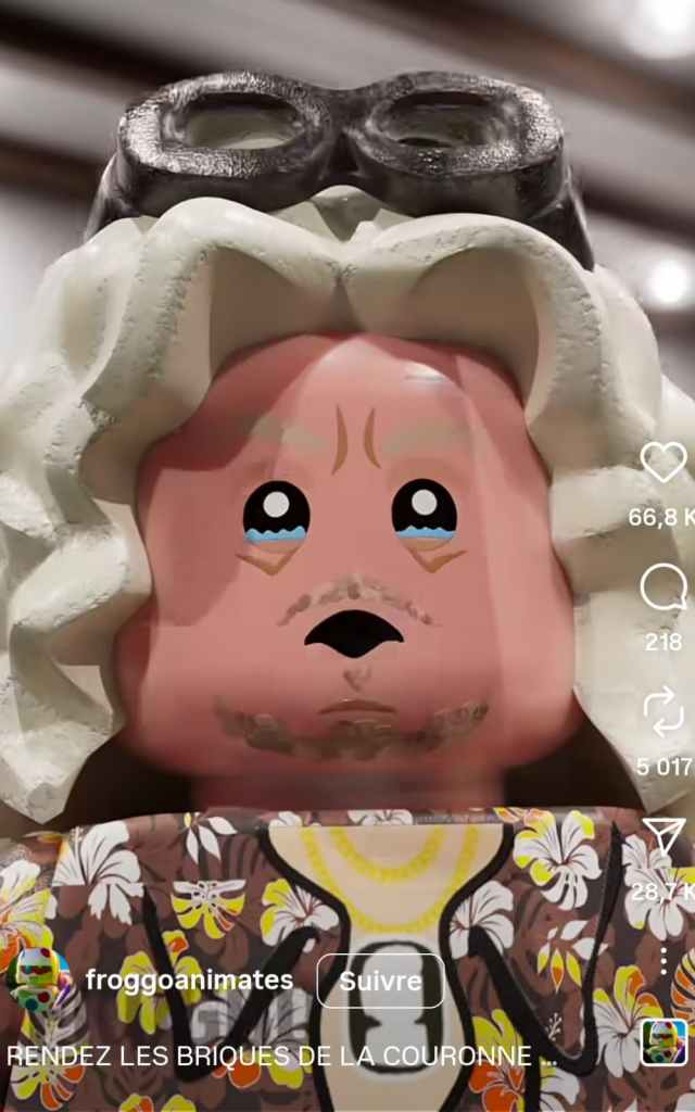 Mème humoristique représentant Pierre-Jean Chalençon en figurine LEGO, avec lunettes, cheveux blancs et tenue florale, exigeant le retour des briques de la couronne.