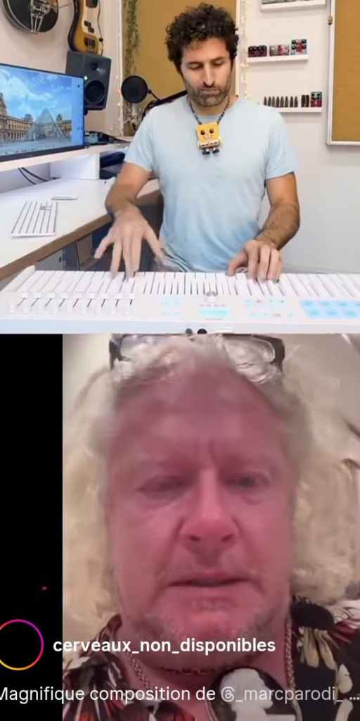 Mème humoristique en split-screen montrant Pierre-Jean Chalençon bouleversé en réaction à une composition musicale jouée au clavier dans une vidéo. Magnifique composition de @_marcparodi_