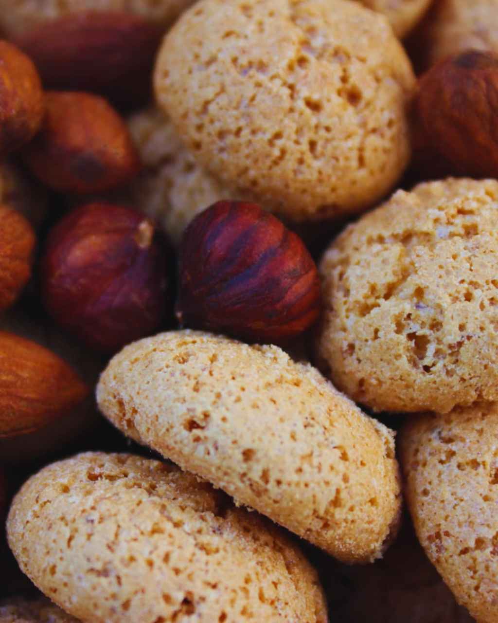 Macarons craquelés à la noisette accompagnés de noisettes entières sur fond brut.