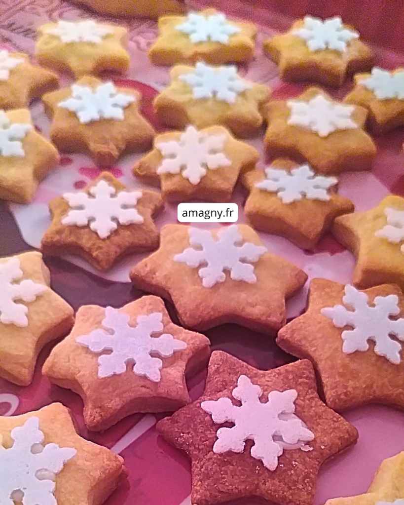 Sablés en forme d’étoile décorés de flocons blancs, présentés sur fond rose et rouge.
