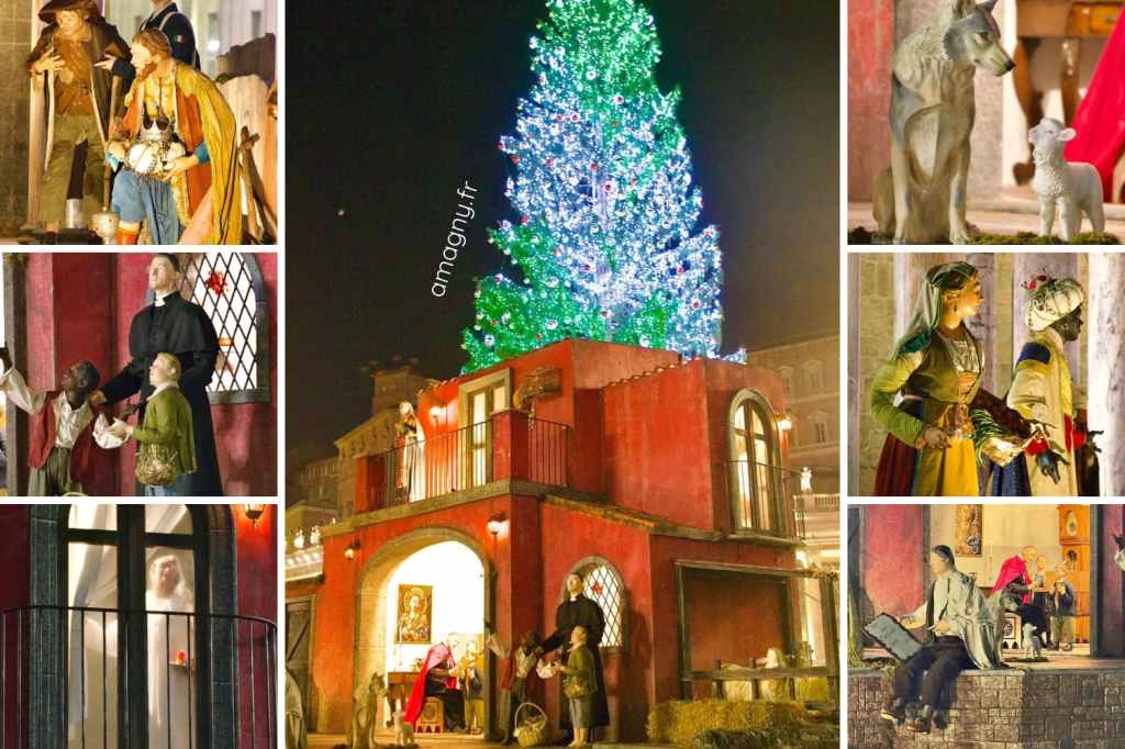 Crèche de Noël 2025 au Vatican, installée sur la place Saint-Pierre avec détails des figurines, décor céleste et sapin illuminé.