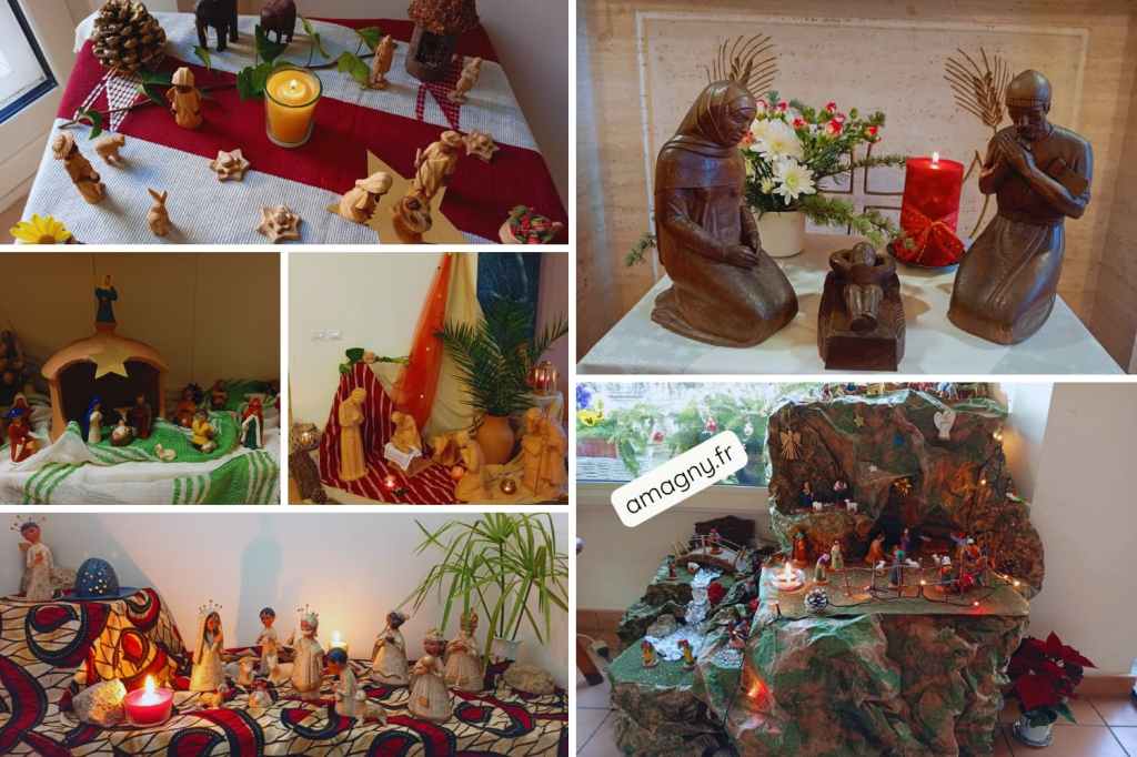 Collage de crèches de Noël réalisées par les Dominicaines de Rome, avec figurines variées et mises en scène créatives.