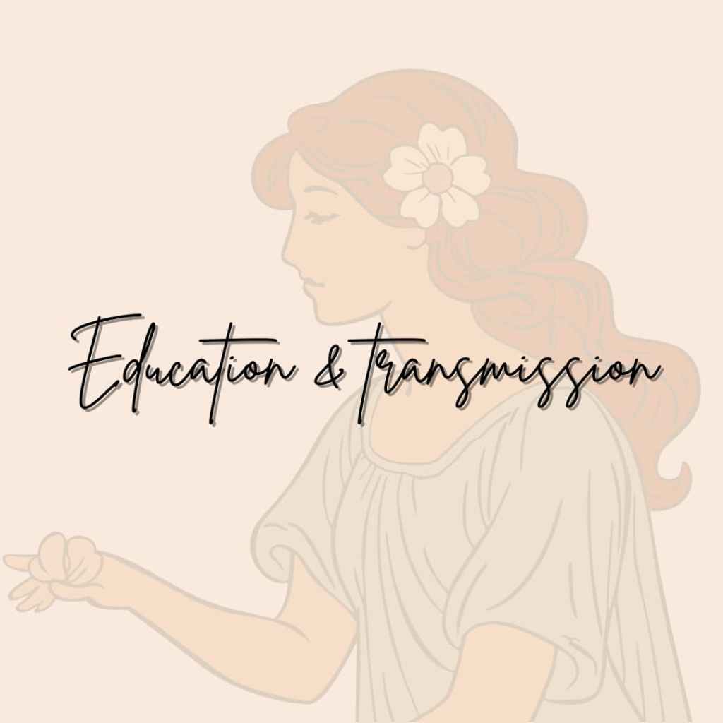 Illustration d’une femme de profil tenant une main ouverte, symbolisant l’éducation et la transmission.