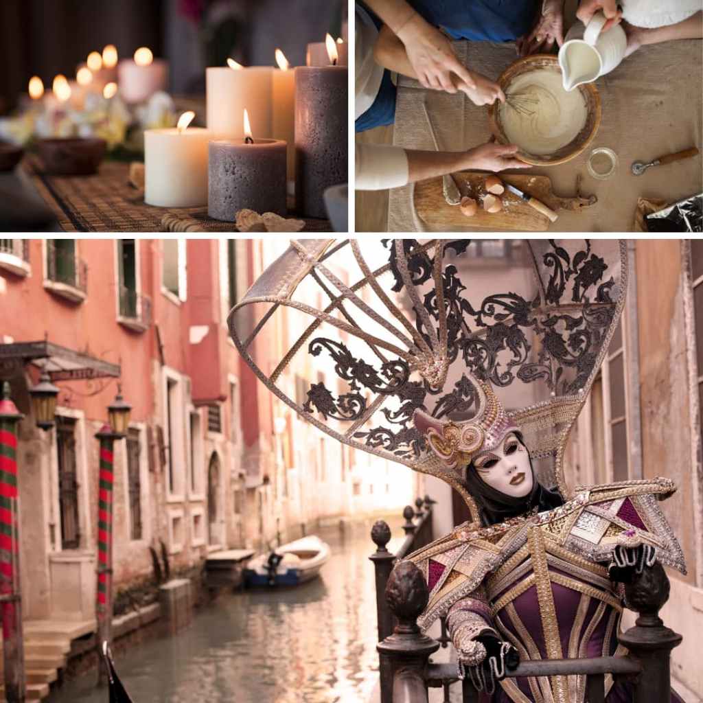 Montage illustrant la Chandeleur avec des bougies, Mardi gras avec une scène de préparation culinaire, et le Carnaval de Venise avec un costume traditionnel masqué.