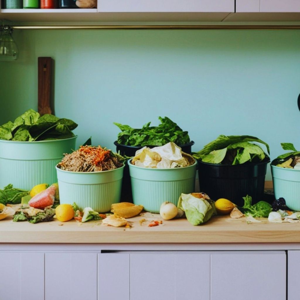 Déchets de cuisine variés rassemblés dans des bacs pour le compost.