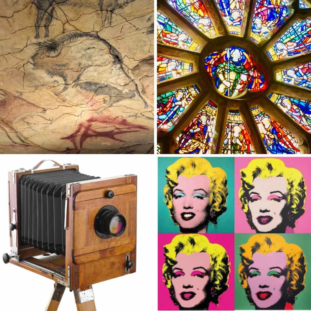 Montage illustrant l’évolution de l’histoire de l’art, de la peinture rupestre au vitrail religieux, de la photographie ancienne au pop art inspiré de Marilyn Monroe.