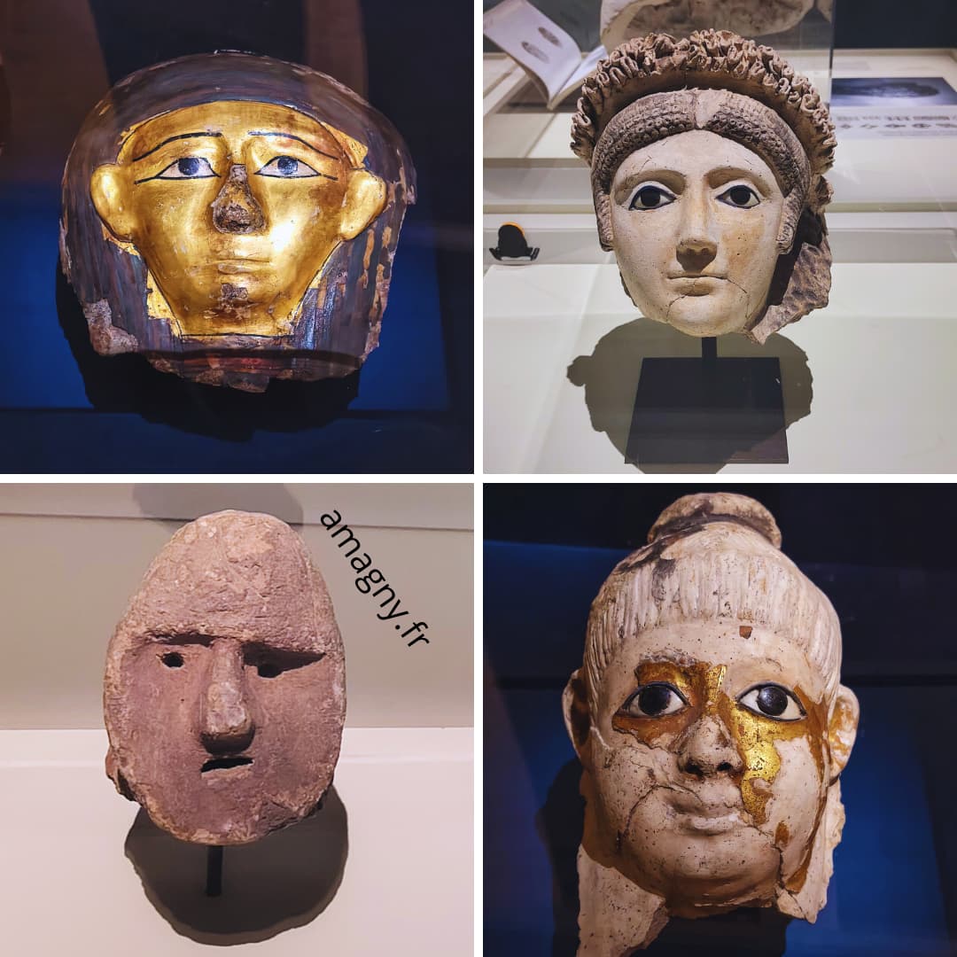 Montage de masques anciens présentés à l’exposition Momies du Musée de l’Homme, illustrant la diversité des traditions funéraires et des représentations du visage à travers les civilisations.
