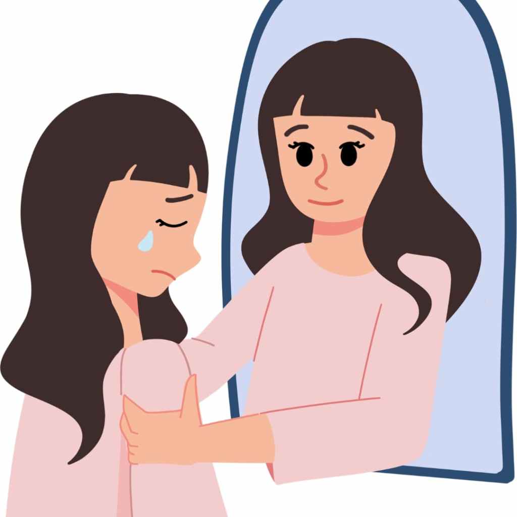 Jeune fille en pleurs devant un miroir où son reflet apparaît souriant et réconfortant, symbolisant la compassion envers soi-même.