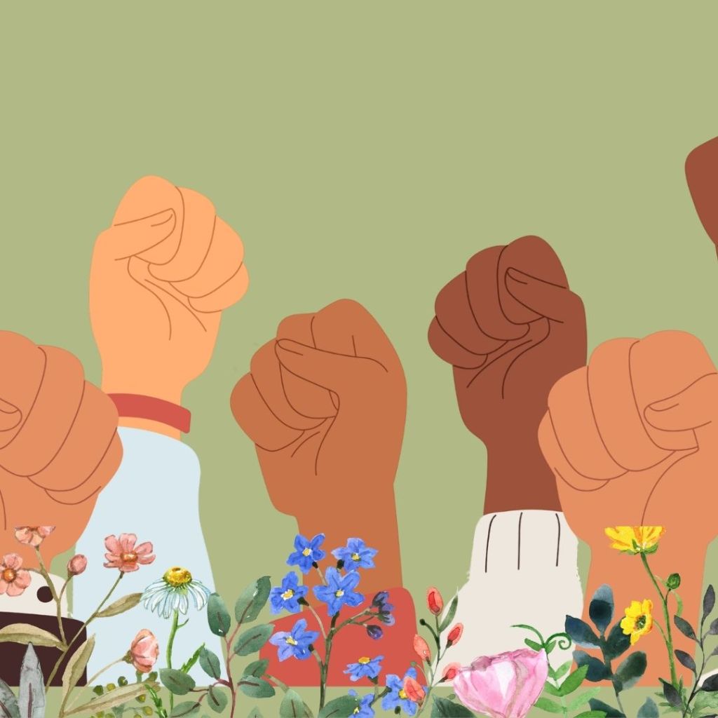 Illustration de poings levés de différentes carnations émergeant d’un parterre de fleurs.