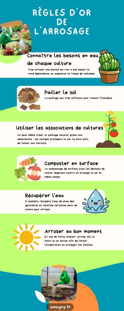 Infographie expliquant les règles essentielles pour bien arroser les plantes au jardin.