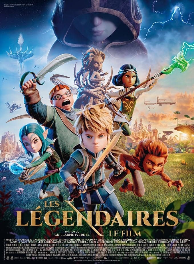 Affiche du film d’animation Les Légendaires, montrant les cinq héros en action face à une menace mystérieuse dans un univers fantasy.