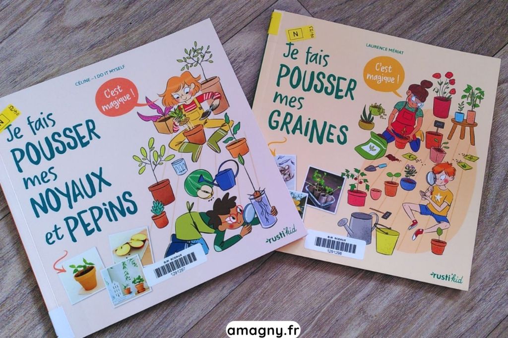 Montage de deux livres jeunesse sur la germination : faire pousser graines, noyaux et pépins.