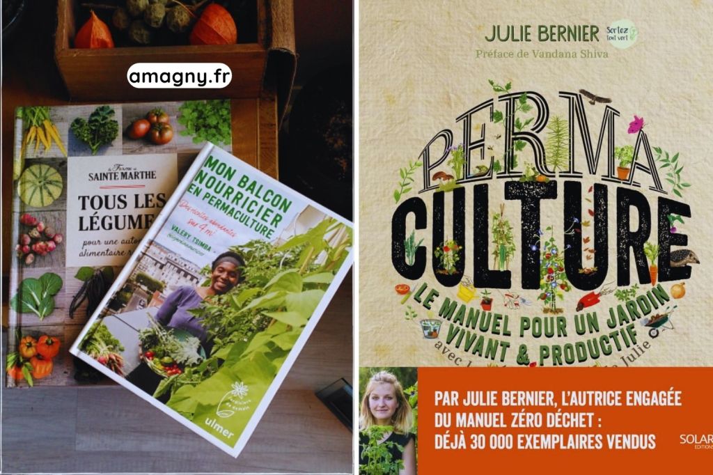 Montage de livres sur le jardinage, la permaculture et l’autonomie alimentaire.