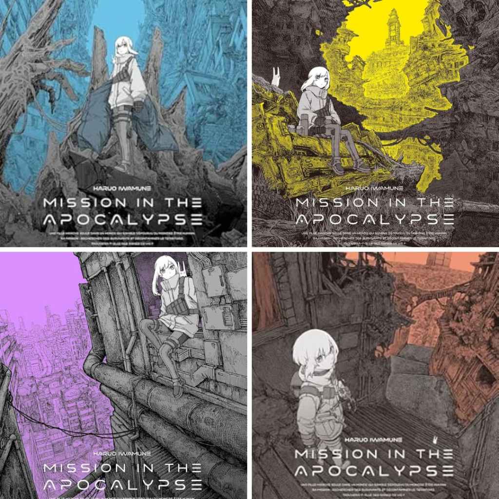 Montage de plusieurs couvertures du manga Mission in the Apocalypse de Haruo Imamune, montrant un personnage aux cheveux blancs dans des décors urbains post-apocalyptiques.