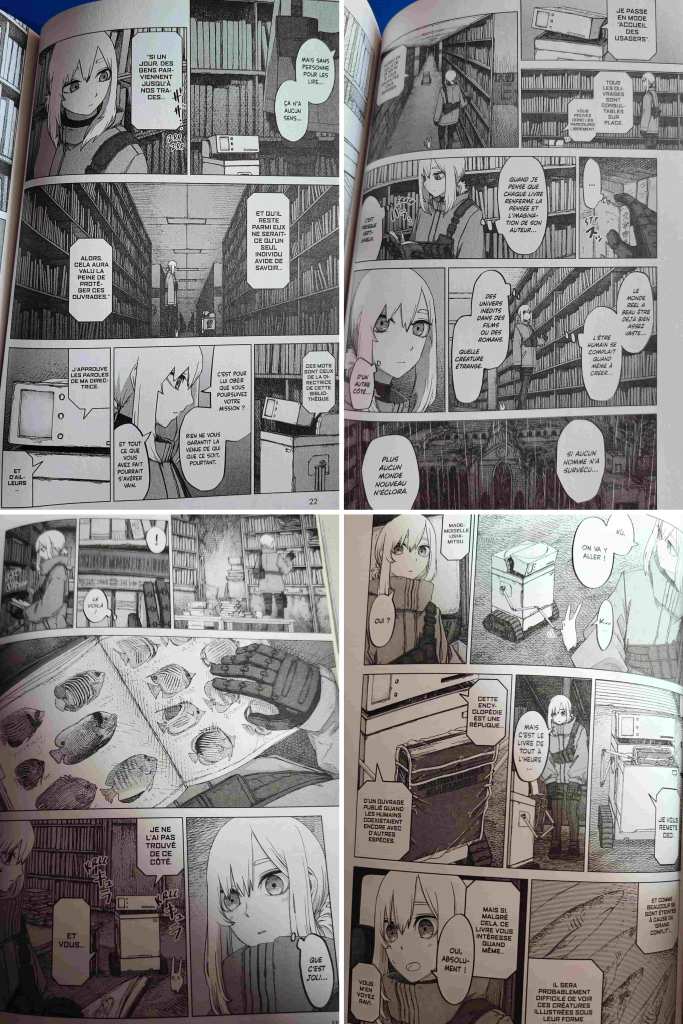 Extraits du manga Mission in the Apocalypse montrant un personnage explorant une bibliothèque et consultant des ouvrages scientifiques.