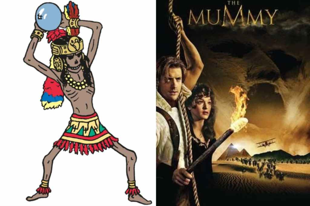 Illustration combinant Rascar Capac, personnage de Tintin, et l’affiche du film La Momie, mettant en parallèle deux représentations iconiques de créatures surnaturelles.