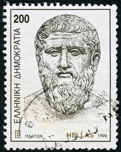 Timbre grec représentant le philosophe Platon, illustré en portrait avec la mention Hellas et une valeur de 200.