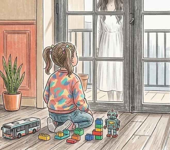 Illustration au crayon d'une petite fille jouant au sol face à une baie vitrée derrière laquelle apparaît la silhouette d'une femme en robe blanche, illustrant un témoignage d'expérience paranormale.
